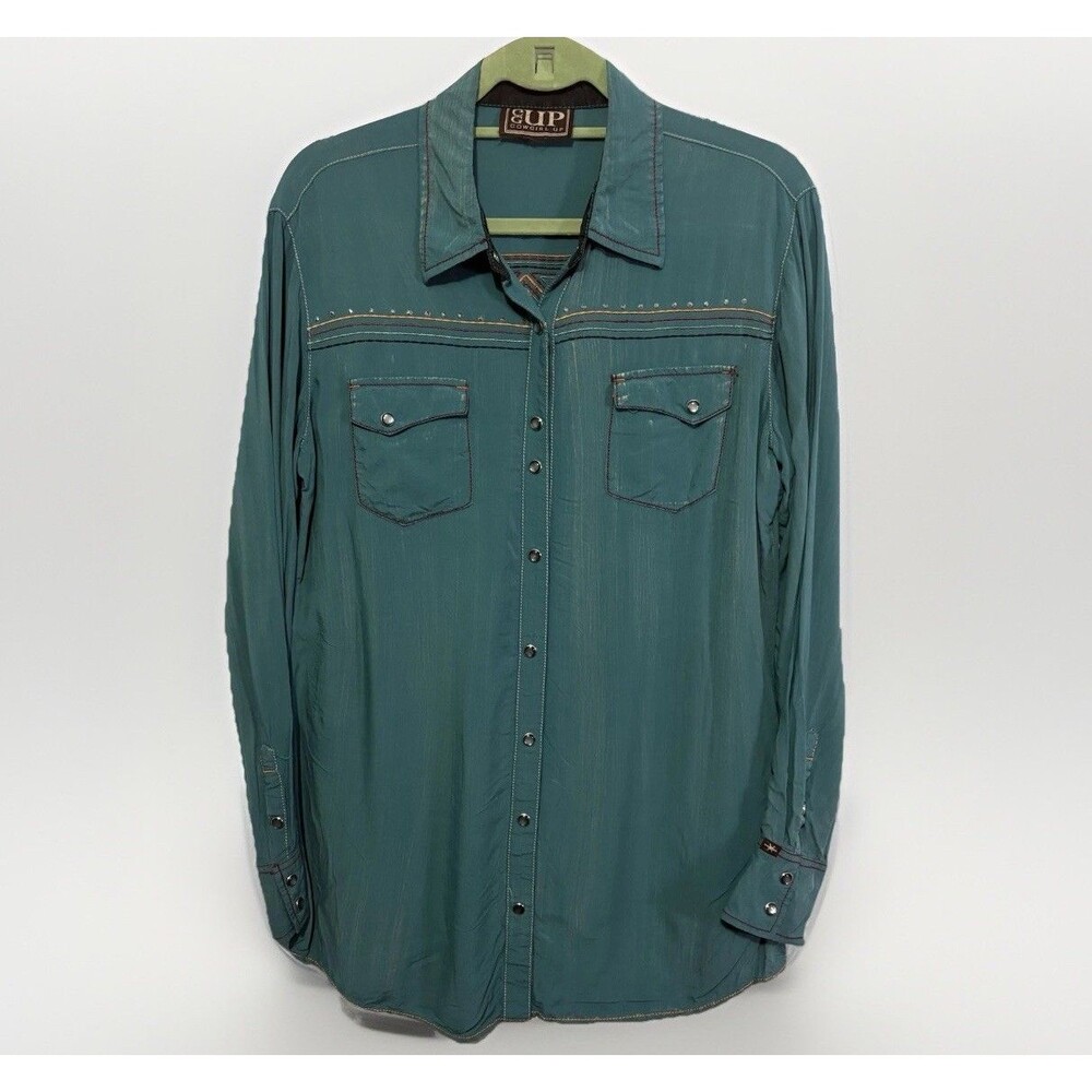 Cowgirl Up Shirt Womens Size XL Turquoise Teal Distressed Pearl Snap Embroidered